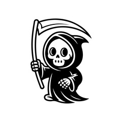 A black and white cartoon character of the Grim Reaper holding a scythe. The cute, chibi style figure features a skull head and a flowing hooded robe, suitable for playful Halloween themes.
