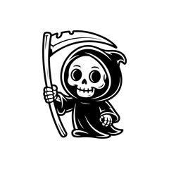 A black and white cartoon character of the Grim Reaper holding a scythe. The cute, chibi style figure features a skull head and a flowing hooded robe, suitable for playful Halloween themes.
