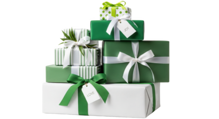 Stack of Wrapped Gift Boxes with Green Ribbon and White Paper