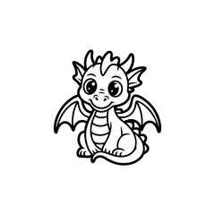 A black and white cartoon vector illustration of an adorable baby dragon sitting. The fantasy creature has big, sparkling eyes, small horns, and wings, rendered in a cute, simple style.