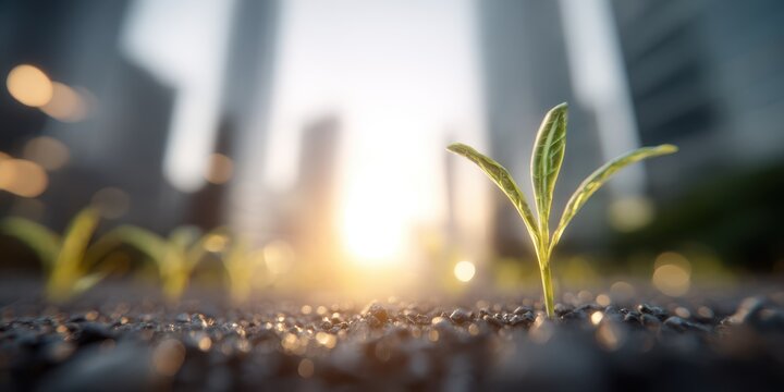 Small Green Plant Sprouting From Soil in Urban Cityscape at Sunrise with Golden Light and Bokeh - Powered by Adobe