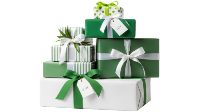 Stack of Wrapped Gift Boxes with Green Ribbon and White Paper - Powered by Adobe
