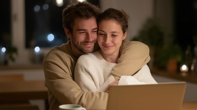 A couple in a softly lit kitchen embracing tightly after reading life-changing news in an email on a laptop, morning coffee forgotten on the table — intimate relationship milestone, modern - Powered by Adobe