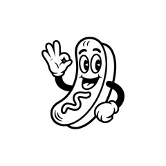 A black and white cartoon mascot of a hot dog smiling and giving an 