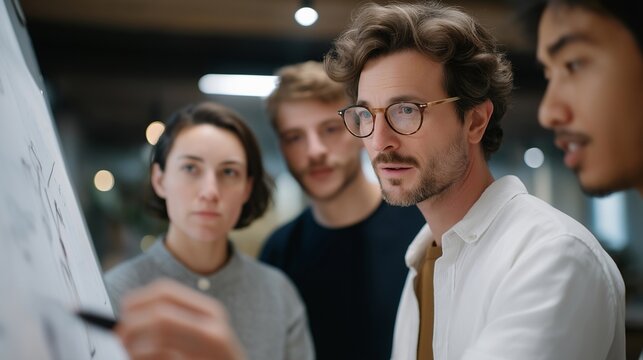 A small early-stage startup team crowded around a whiteboard in a tiny loft office, sketching messy product diagrams and arguing passionately over the first prototype — raw innovation energy, lean