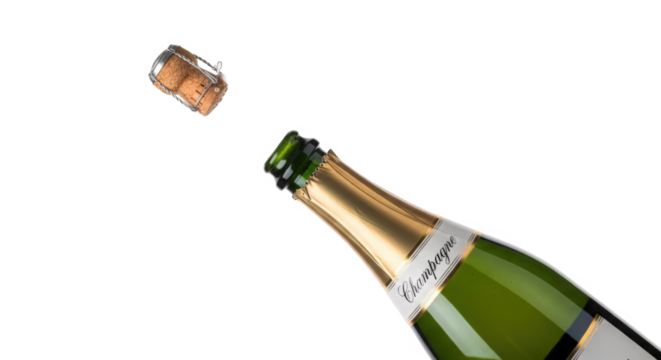 Champagne bottle cork popping out of bottle celebrating holiday event or special occasion