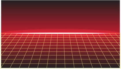 A striking retro synthwave background featuring a deep red void and a golden wireframe perspective grid ending in a brilliant neon horizon line.