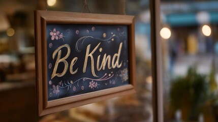 Coffee shop chalkboard with “Be Kind” written in artistic script and surrounded by decorative drawings — concept of community kindness, positive lifestyle messages, and local small business charm.