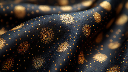 Close-up of contemporary outfit with golden Thai patterns digitally printed on lightweight silk fabric professional light 