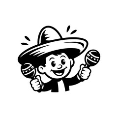 A black and white cartoon mascot of a smiling person wearing a large sombrero and holding two maracas. The character is stylized in a retro comic look, suitable for Mexican cuisine or fiesta themes.