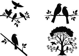 Bird silhouettes on tree branches, flying and perched birds illustration, nature wildlife design, forest songbirds, decorative vector art
