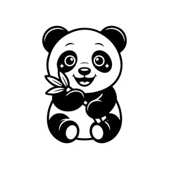 A black and white cartoon vector illustration of an adorable baby panda sitting and happily holding a stalk of bamboo. The character is simple, cute, and friendly.