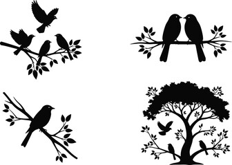 Birds silhouette on branches with leaves, romantic couple birds, flying birds, nature wildlife tree scene, vector illustration design