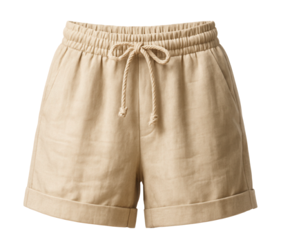 Lightweight linen shorts with cuffed hems and drawstring waist, perfect for the beach.
