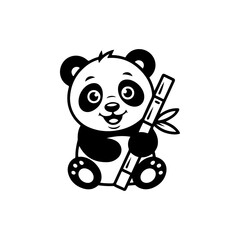 A black and white cartoon vector illustration of an adorable baby panda sitting and happily holding a stalk of bamboo. The character is simple, cute, and friendly.