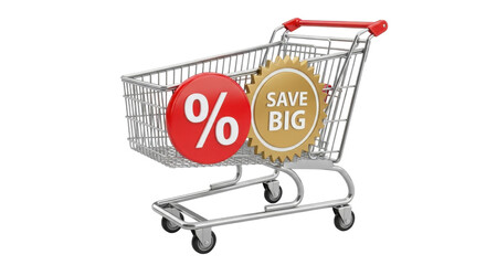Shopping cart with save big and percentage discount labels isolated on transparent background for sales promotions
