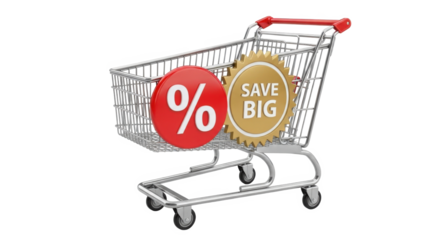Shopping cart with save big and percentage discount labels isolated on transparent background for sales promotions