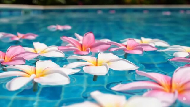 Plumeria flowers floating in a blue pool, a summer wellness spa or tropical vacation scene
