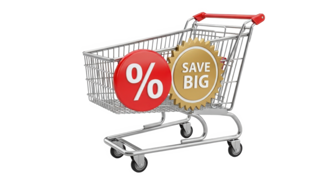 Shopping cart with save big and percentage discount labels isolated on transparent background for sales promotions
