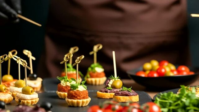 Chef carefully arranging gourmet appetizers on a platter with fresh ingredients, showcasing culinary expertise