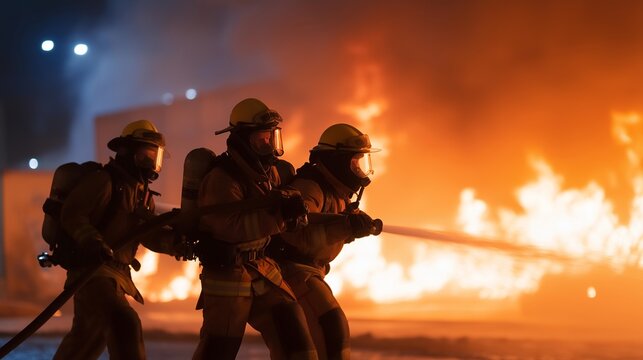 Firefighters battling massive warehouse fire at night under a glowing orange sky, illuminated by flames and flashing lights — a powerful cinematic image symbolizing courage, teamwork, and the
