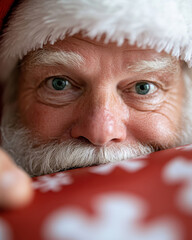 Focusing on Santa, this image captures his delightful expression while presenting a beautifully wrapped present, symbolizing joy, surprise, and the magic of Christmas.