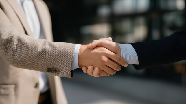 Wide shot of the lawyer and client shaking hands after the consultation — mutual respect, satisfaction, and confidence in professional partnership and digital transformation. cinematic color