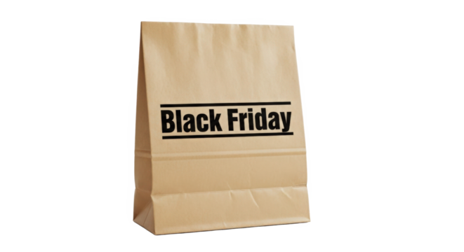 Brown Paper Bag with Black Friday Text Isolated on Transparent Background for Seasonal Shopping Promotions