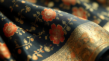 Close-up of a Thai-inspired silk dress with asymmetric hem, gold accents, and traditional patterns cinematic composition 
