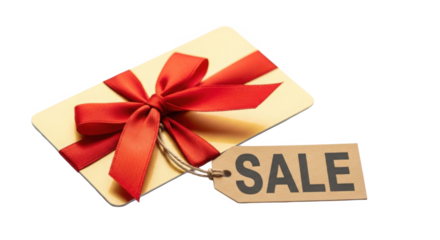 Yellow Gift Card with Red Ribbon and Sale Tag Isolated on Black Background Festive Purchase Opportunity Concept