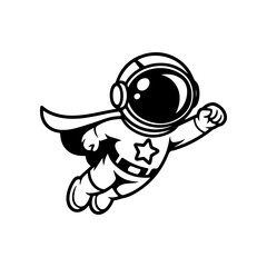 A black and white cartoon vector illustration of a superhero astronaut flying. The cute character wears a spacesuit, helmet, cape, and a star emblem on its chest, isolated on white.