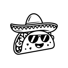 A black and white cartoon mascot of a taco wearing a sombrero and sunglasses. The smiling, cool character is stylized in a retro comic look, ideal for Mexican restaurant branding.