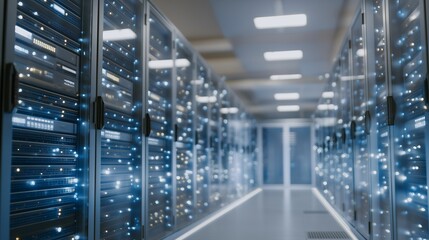 Wide-angle shot of LED server racks forming a neon corridor with cool ambient lighting — cinematic representation of digital architecture, AI processing power, and high-speed data operations.