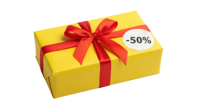Bright yellow gift box with red ribbon bow and 50 percent discount sticker isolated on white background