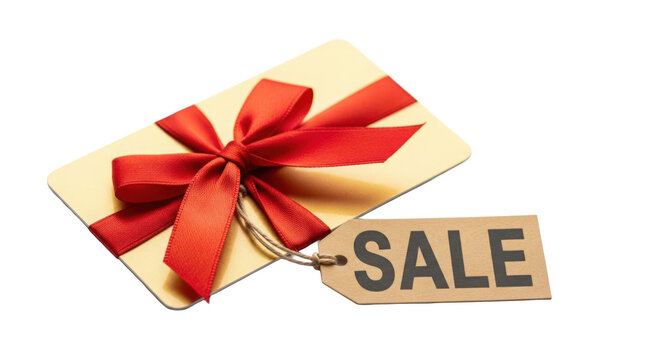 Yellow Gift Card with Red Ribbon and Sale Tag Isolated on Black Background Festive Purchase Opportunity Concept