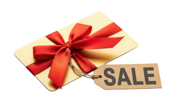 Yellow Gift Card with Red Ribbon and Sale Tag Isolated on Black Background Festive Purchase Opportunity Concept - Powered by Adobe