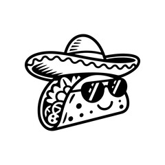A black and white cartoon mascot of a taco wearing a sombrero and sunglasses. The smiling, cool character is stylized in a retro comic look, ideal for Mexican restaurant branding.