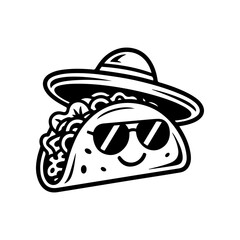 A black and white cartoon mascot of a taco wearing a sombrero and sunglasses. The smiling, cool character is stylized in a retro comic look, ideal for Mexican restaurant branding.