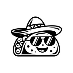 A black and white cartoon mascot of a taco wearing a sombrero and sunglasses. The smiling, cool character is stylized in a retro comic look, ideal for Mexican restaurant branding.