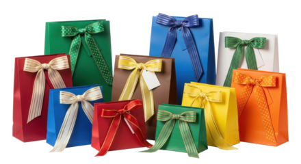 Assorted Colorful Gift Bags with Decorative Ribbons Isolated on White Background