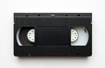 Obraz premium Black vhs video tape cassette isolated on white studio background. This retro analog media format stored video information on magnetic tape reels.