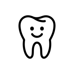 A simple black and white line art icon depicting a molar tooth with a friendly smiling face. The clean, cute design is ideal for dental care or children's dentistry themes.