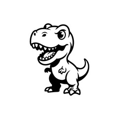 A black and white cartoon vector illustration of a cute baby Tyrannosaurus Rex with its mouth open. The dinosaur has big eyes and a playful, simple design, isolated on white.
