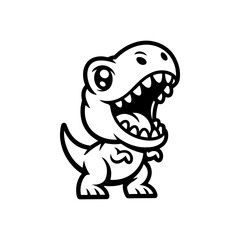 A black and white cartoon vector illustration of a cute baby Tyrannosaurus Rex with its mouth open. The dinosaur has big eyes and a playful, simple design, isolated on white.