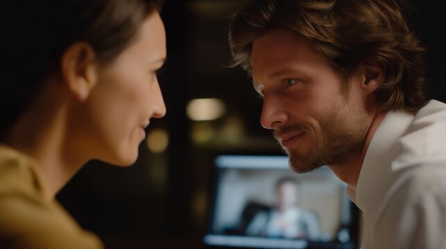 Close-up of the screen showing both faces mid-discussion — human connection, professionalism, and digital trust in business communication. cinematic color correction, natural uneven lighting yet
