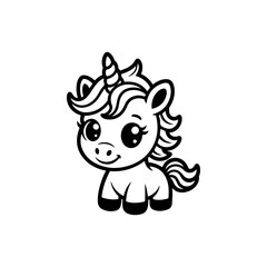 A black and white cartoon vector illustration of an adorable baby unicorn. The mythical creature has big, sparkling eyes, a spiraled horn, and a flowing mane, isolated on white.