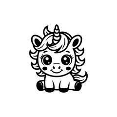 A black and white cartoon vector illustration of an adorable baby unicorn. The mythical creature has big, sparkling eyes, a spiraled horn, and a flowing mane, isolated on white.