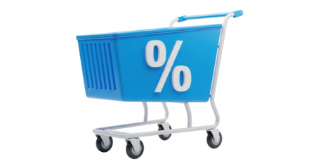 Blue Shopping Cart with Percentage Symbol Indicating Discount Sale