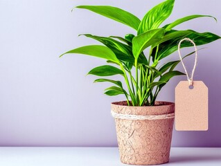 Fototapeta premium A healthy green houseplant in a textured pot has a blank cardboard tag tied with twine hanging from one of its leaves.