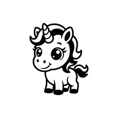 A black and white cartoon vector illustration of an adorable baby unicorn. The mythical creature has big, sparkling eyes, a spiraled horn, and a flowing mane, isolated on white.